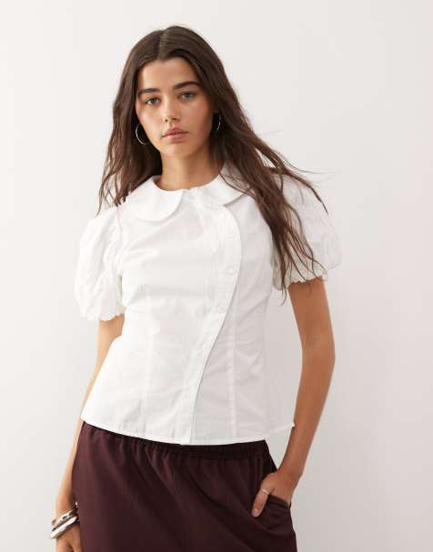 Reclaimed Vintage neat fit shirt with asymmetric buttons and puff sleeves in white - view 1