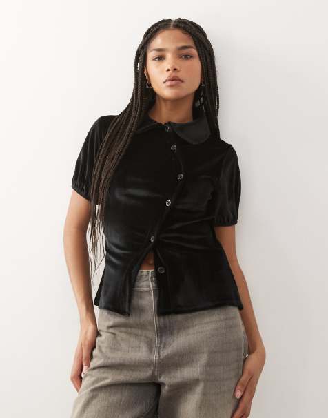 Reclaimed Vintage neat fit velvet shirt with asymmetric buttons and puff sleeve in black