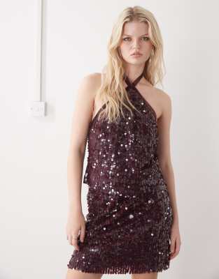 Reclaimed Vintage - Neckholder-Top mit burgunderroten Pailletten