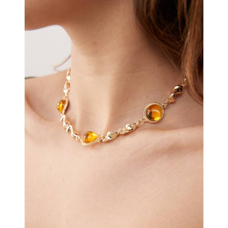 Reclaimed Vintage necklace with amber stones in gold ASOS
