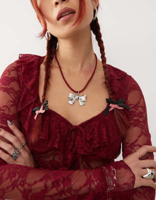 Reclaimed Vintage Necklace With Bow Pendant On Red Cord-silver