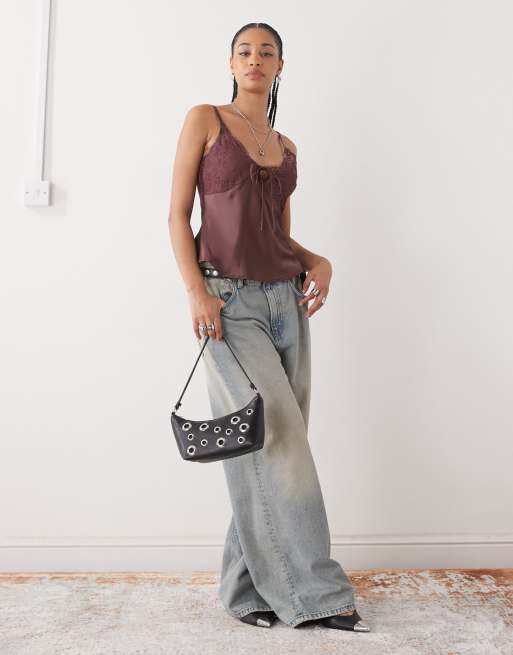 Reclaimed Vintage - Nette lingerietop met kanten randen in pruim bruin, 2 van 4