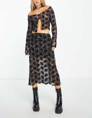 Reclaimed Vintage – Netzstoff-Midirock mit floralem Ausbrennermuster 