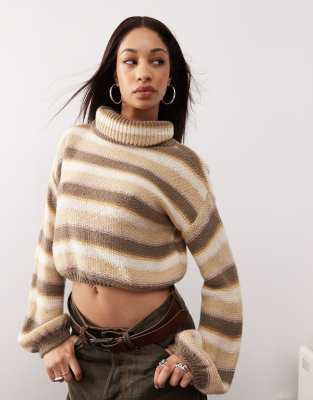 neutral striped turtle neck sweater-Multi