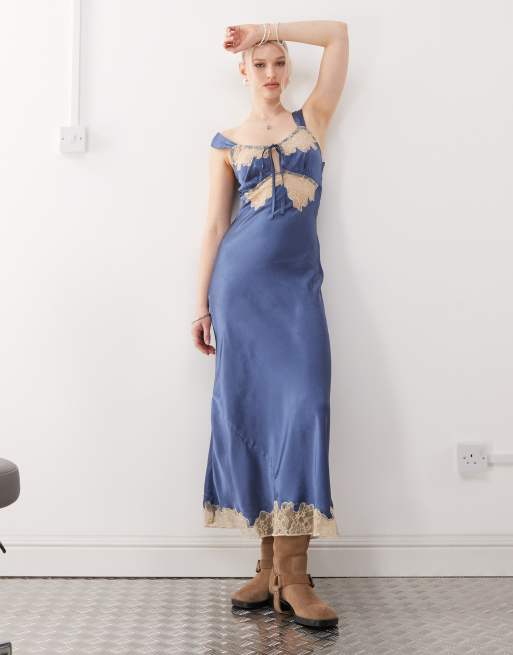 Reclaimed Vintage – Niebieska bieliźniana sukienka na ramiączkach
