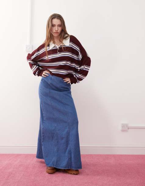 Reclaimed Vintage denim maxi skirt in mid blue 