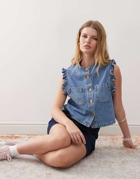 Reclaimed Vintage denim ruffle detail waistcoat in mid-wash blue