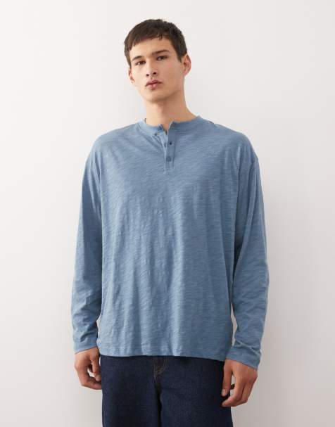 Reclaimed Vintage long sleeve slub jersey henley t-shirt in blue