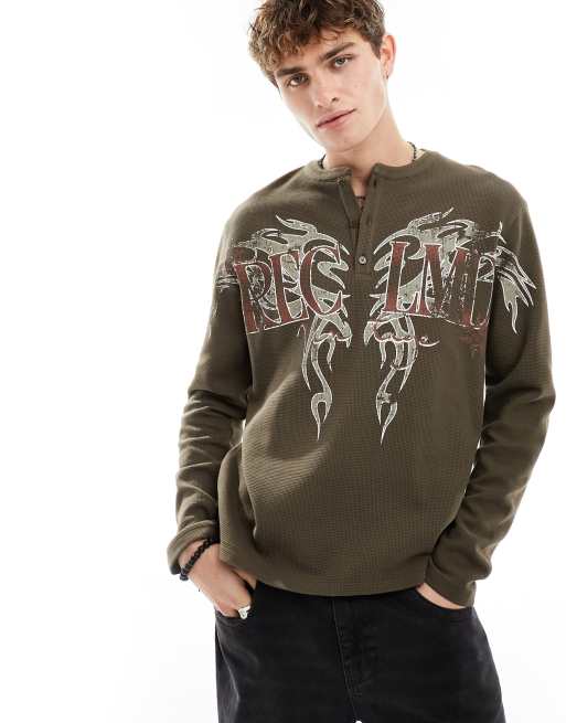 Reclaimed Vintage notch neck waffle henley shirt with tattoo graphic in brown