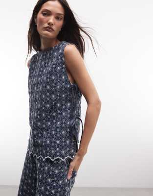 Oberteil aus Chambray-Denim in Indigoblau mit Zierausschnitt und Bindedetail, Kombiteil Blau 36
