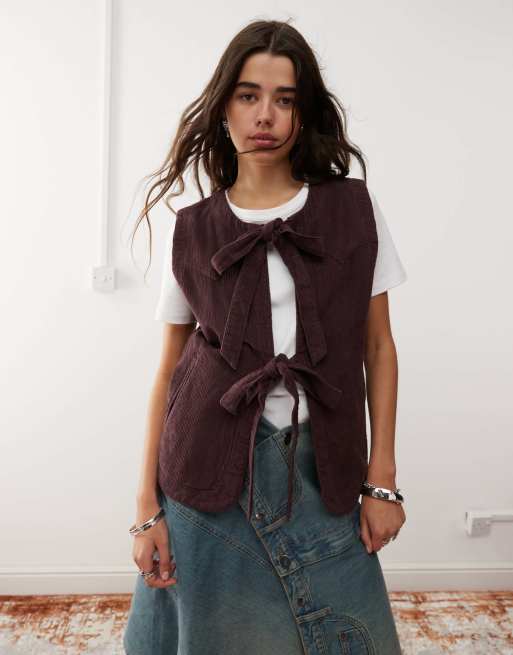 Reclaimed Vintage – Oberteil aus Cord in Burgunderrot mit gebundener Vorderseite