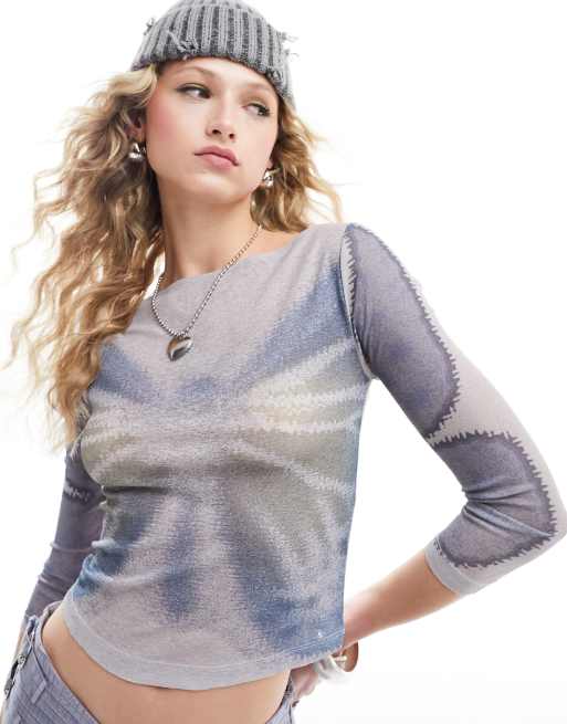 Reclaimed Vintage – Oberteil aus Mesh mit verschwommenem Schmetterlingsprint und U-Boot-Ausschnitt 