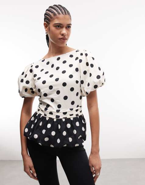 Reclaimed Vintage – Oberteil in Schwarz-Weiß mit Polka Dots und Puffärmeln - view 1