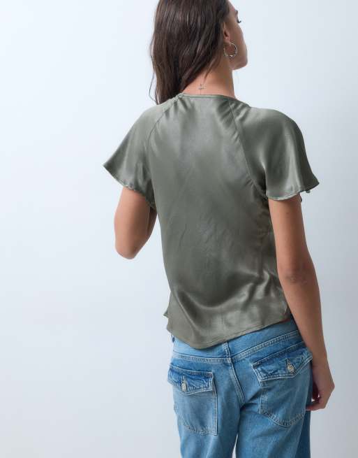Reclaimed Vintage Oberteil mit Bindeband vorn und Spitzenbesatz aus grünem Satin, 4 von 5