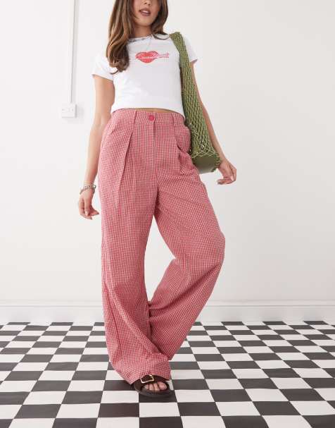 Reclaimed Vintage baggy tailored linen look trouser in red gingham 