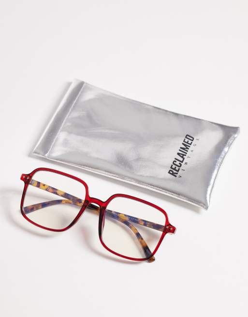 Reclaimed Vintage - Occhiali per luce blu oversize unisex anni '70 rossi e marrone tartarugato, 3 di 3