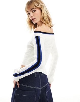 Reclaimed Vintage off shoulder knitted top with asymmetric hem with blue sporty stripe detail