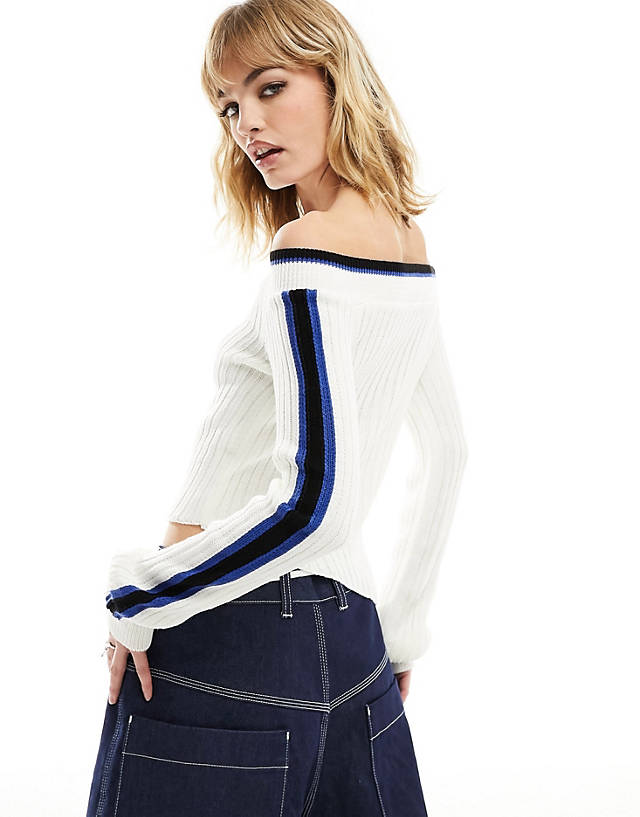 Reclaimed Vintage - off shoulder knitted top with asymmetric hem with blue sporty stripe detail
