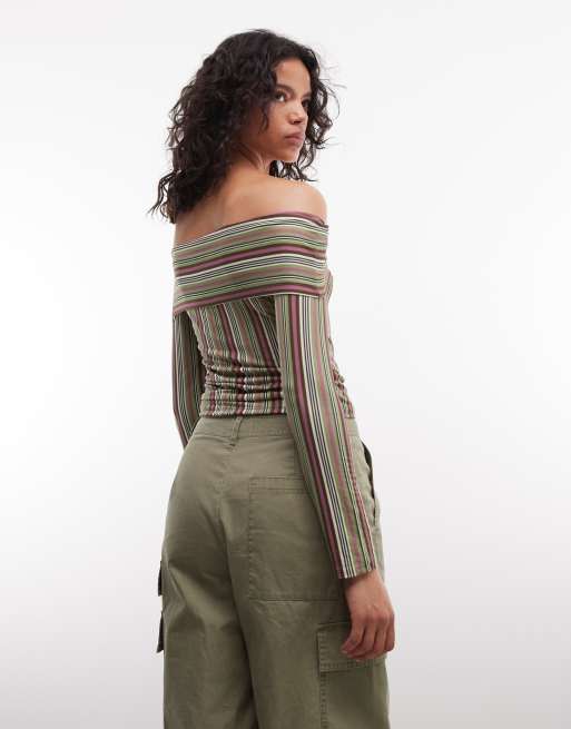 Reclaimed Vintage off shoulder long sleeve top in retro stripe, 4 of 4