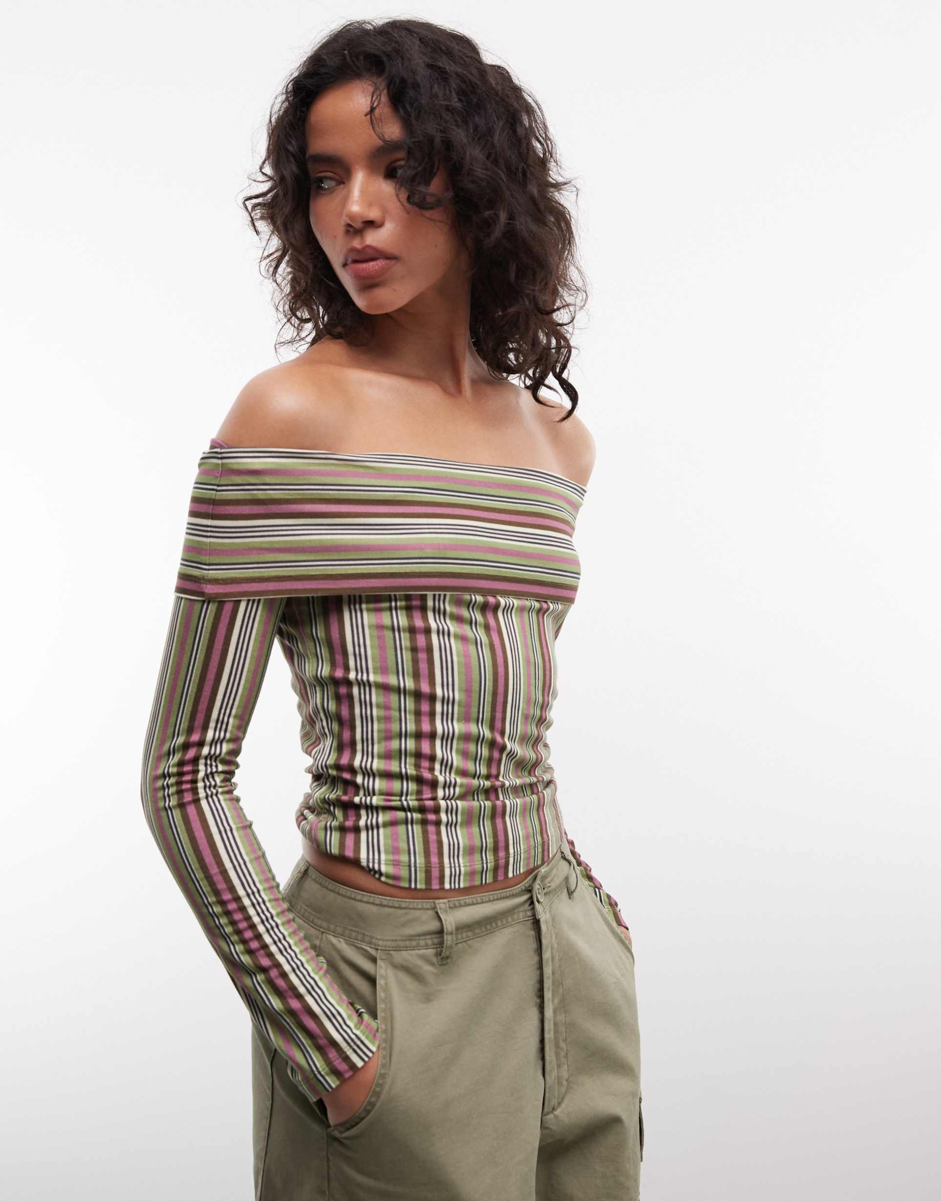 reclaimed vintage off shoulder long sleeve top in retro stripes