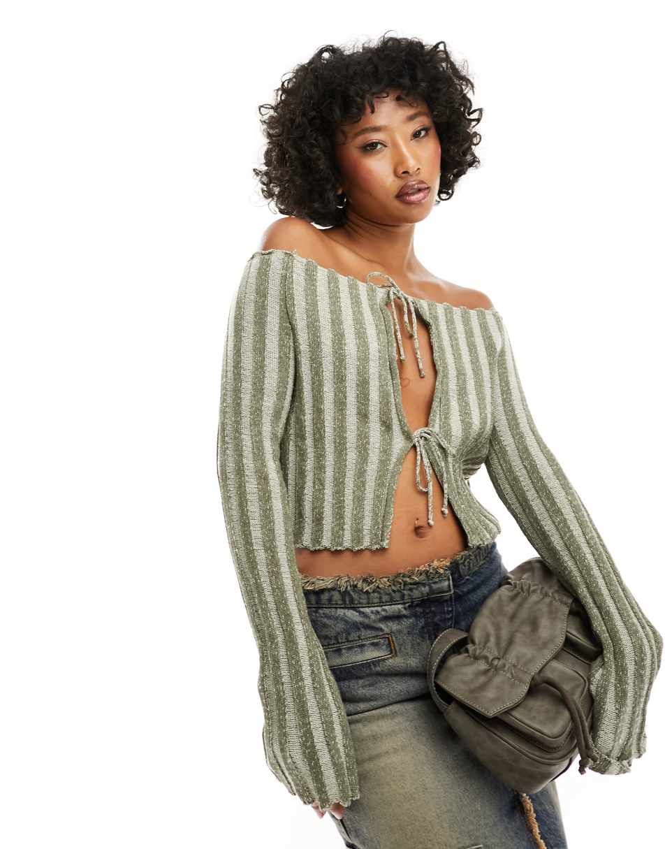 Reclaimed Vintage off shoulder plated rib knit top with bow detail