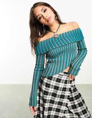 off-shoulder pleated rib knit top-Blue