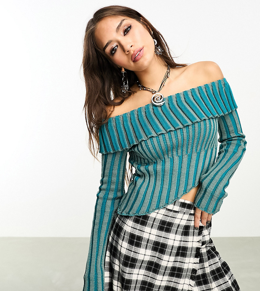 off-shoulder pleated rib knit top-Blue