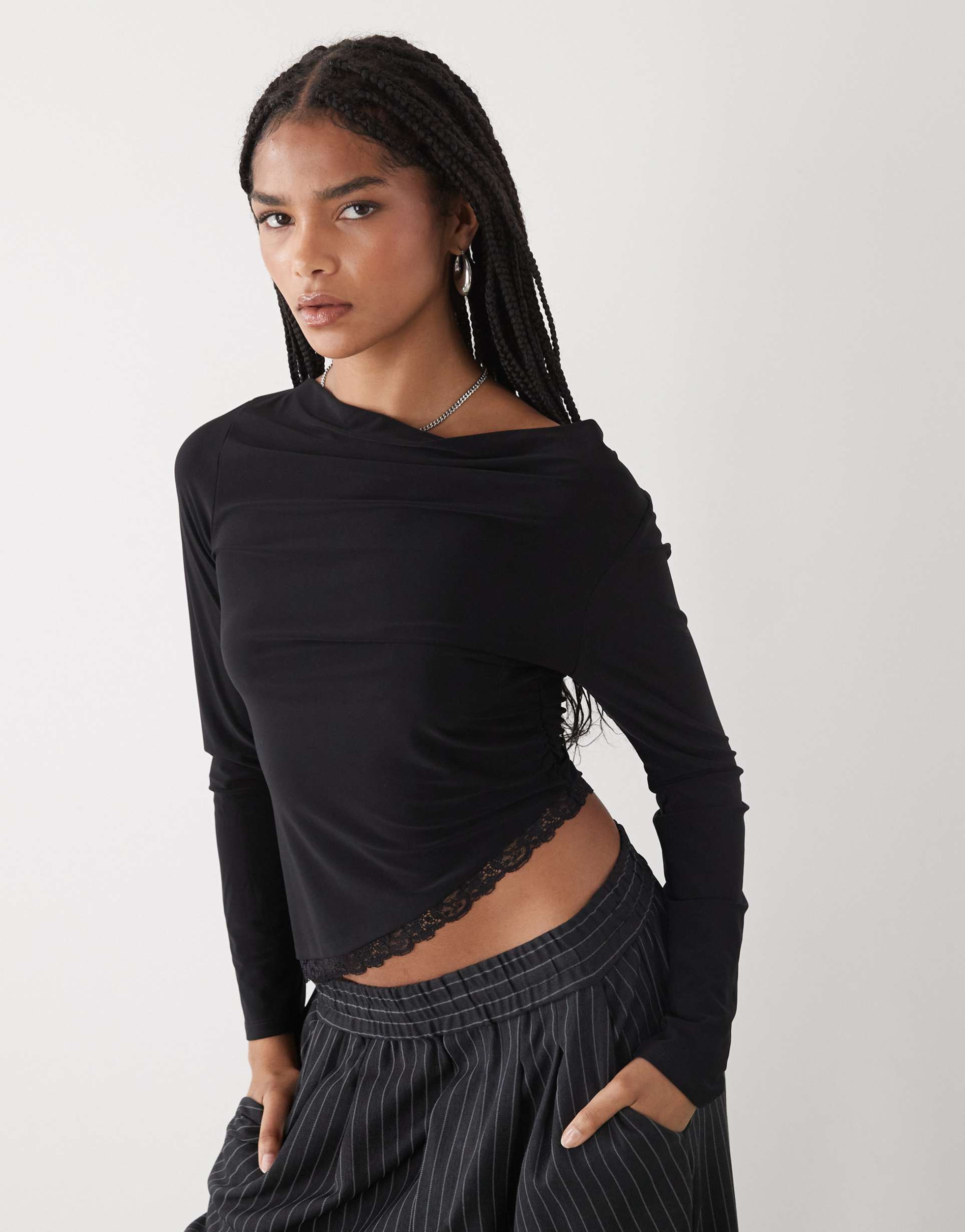 reclaimed vintage off-shoulder ruched top with lace trim in black