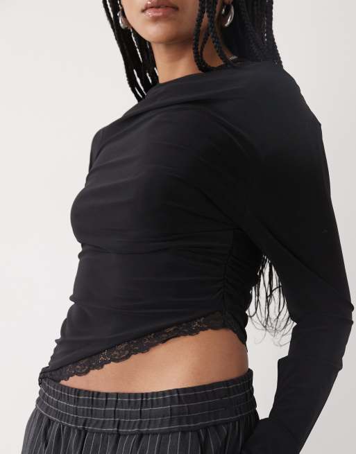 Reclaimed Vintage off shoulder ruched top with lace trim in black, 4 of 4