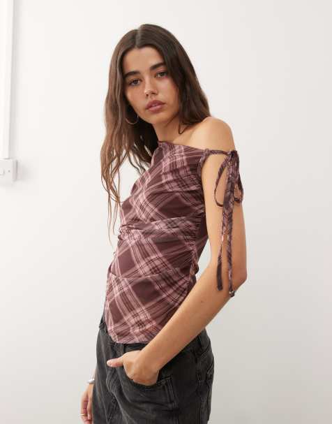 Reclaimed Vintage off shoulder top with tie in pink check - view 1