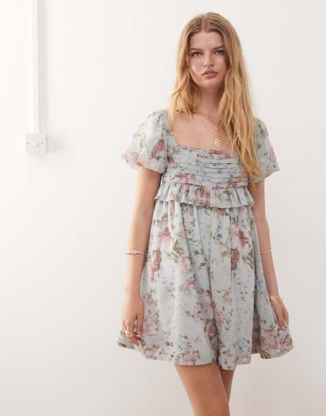 Reclaimed Vintage off the shoulder babydoll dress with pleats in blue floral print - view 1
