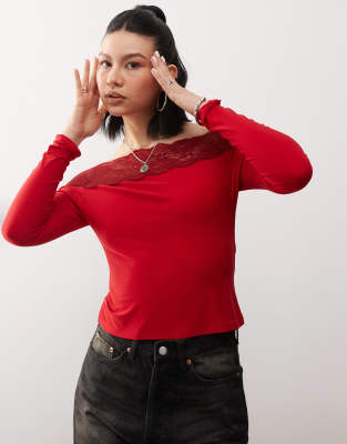 off the shoulder lace trim top in cherry red