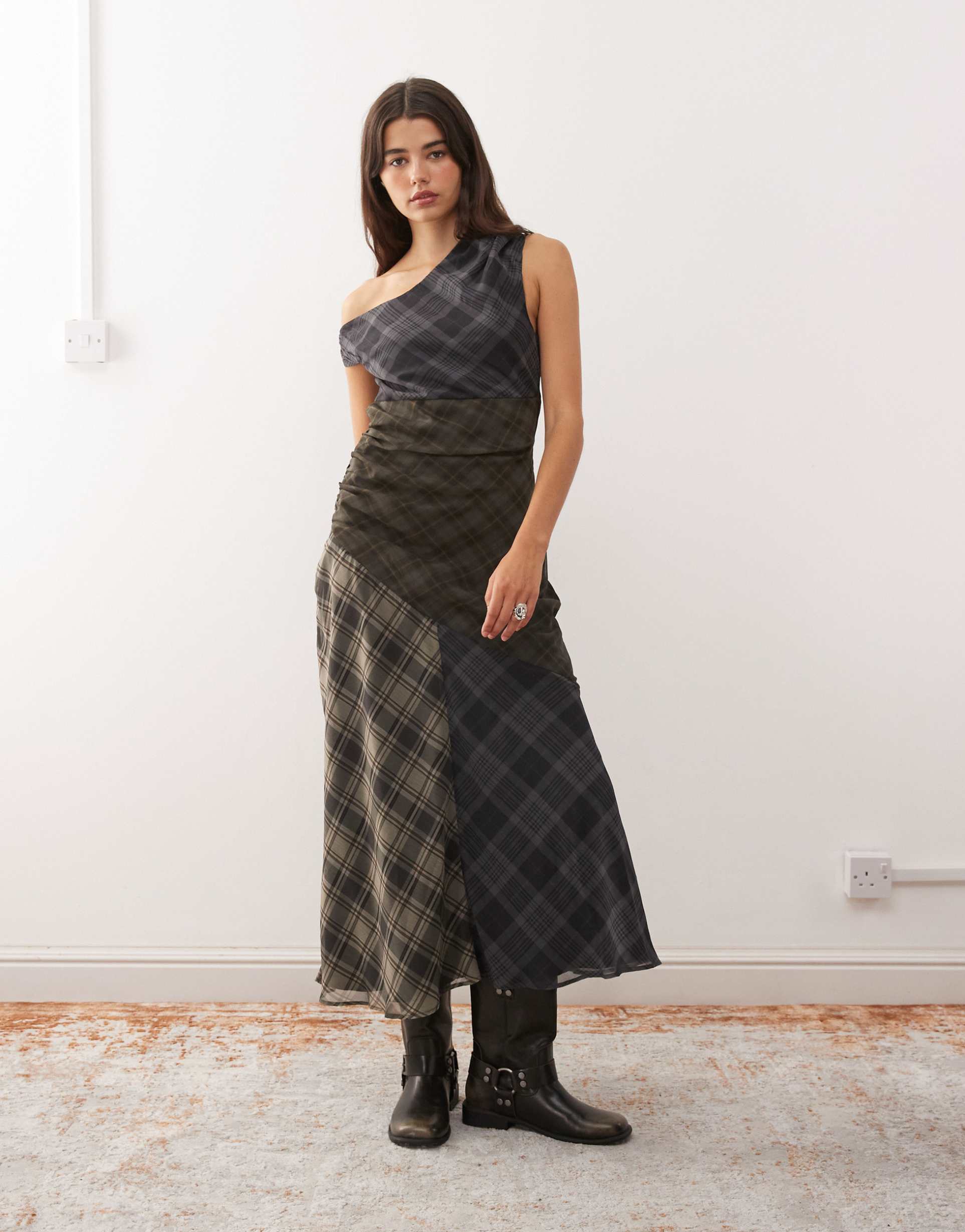 reclaimed vintage off the shoulder midi dress with side split in spliced blue and green plaid