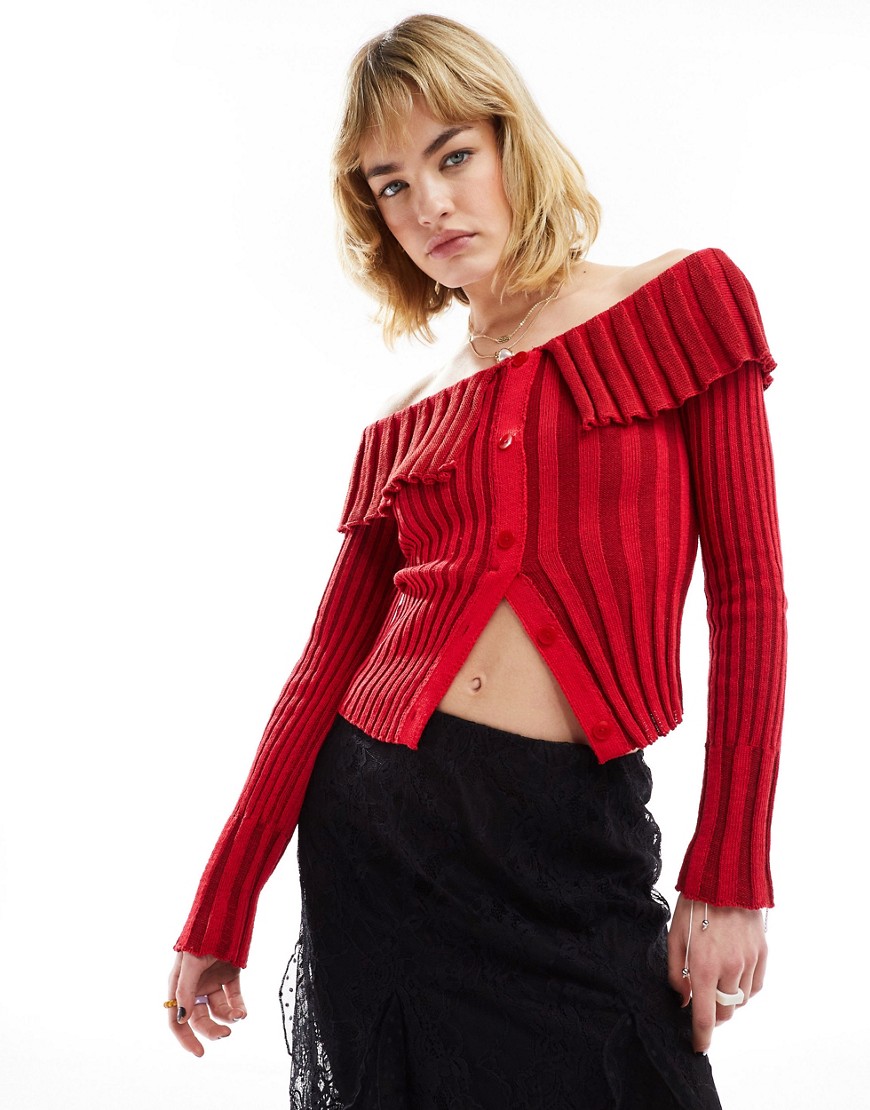 Reclaimed Vintage Off The Shoulder Plated Button Cardigan In Red