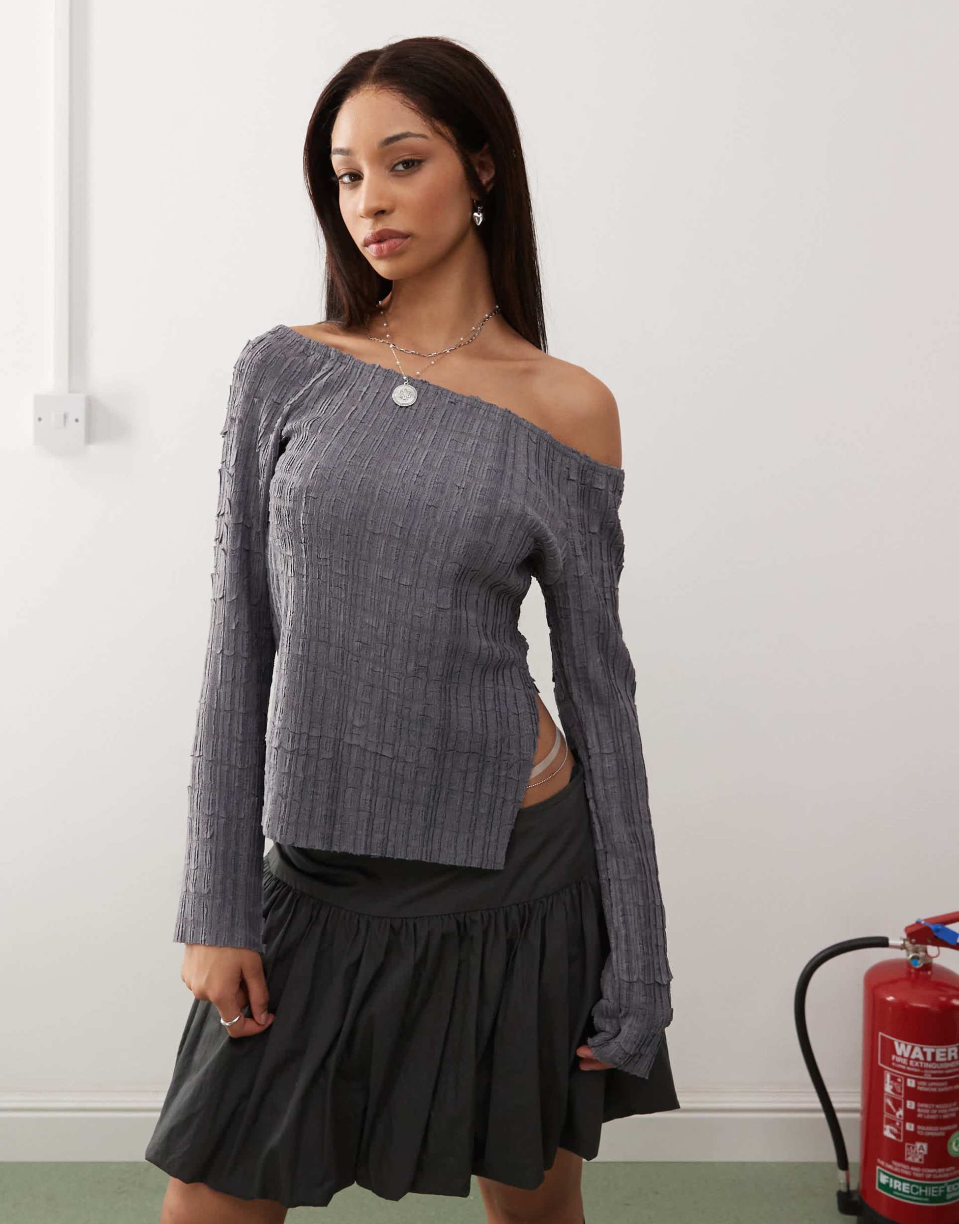 reclaimed vintage off the shoulder textured long sleeve top in charcoal