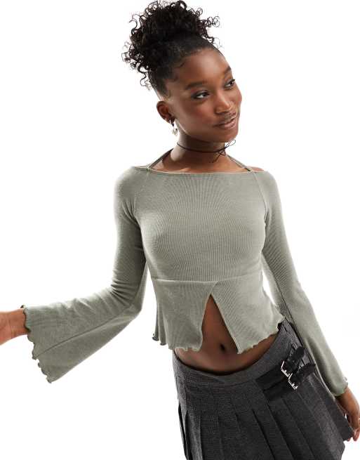 Reclaimed Vintage off the shoulder top with tie detail in green
