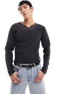 Reclaimed Vintage long sleeve notch neck t-shirt in washed charcoal