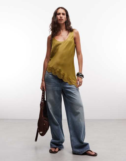 Reclaimed Vintage - Olivengrøn asymmetrisk cami-top i satin, 4 af 4