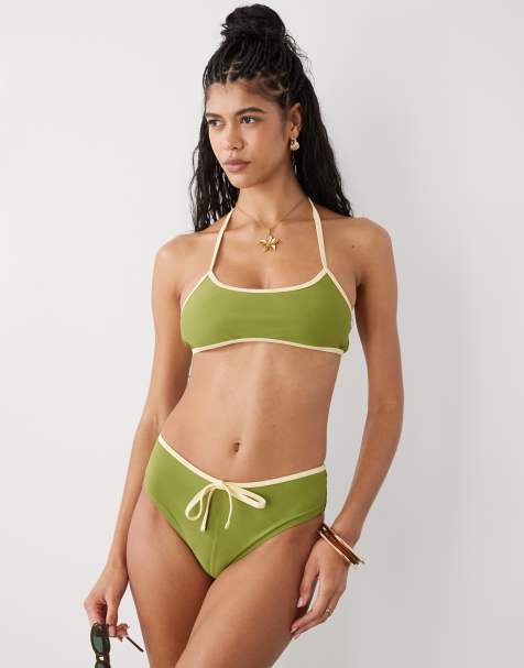 Reclaimed Vintage - Olivengrøn halterneck-bikini med kontrastkanter - view 1