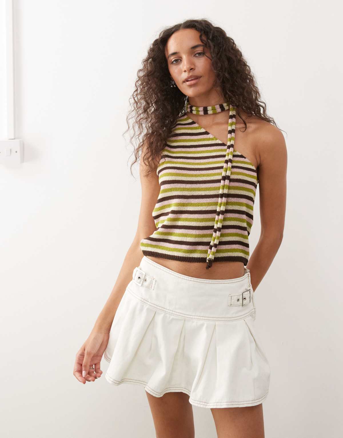 Reclaimed Vintage one shoulder knitted tank top with matching scarf in multi stripe