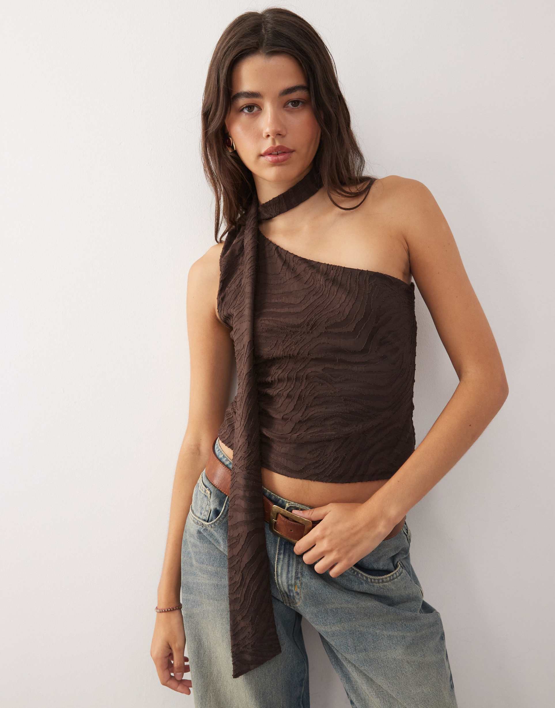 reclaimed vintage one shoulder scarf top in burnout brown zebra