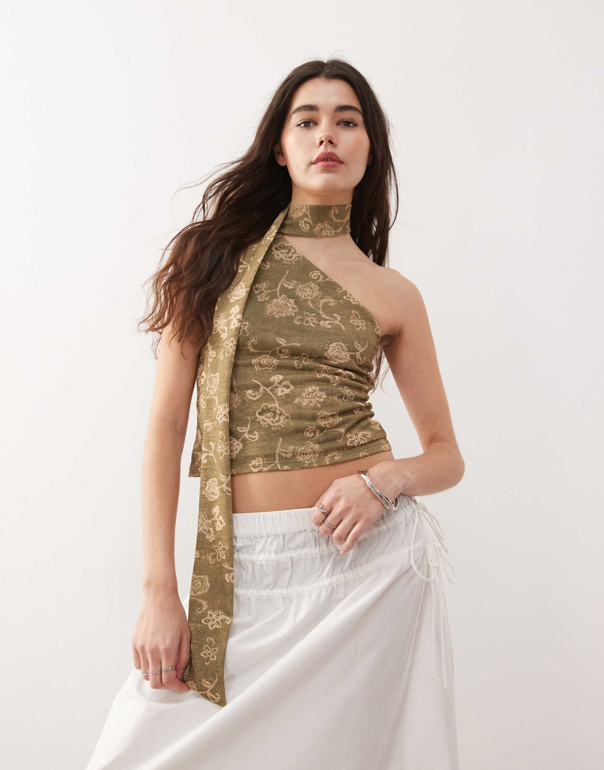 reclaimed vintage one shoulder scarf top in floral green print