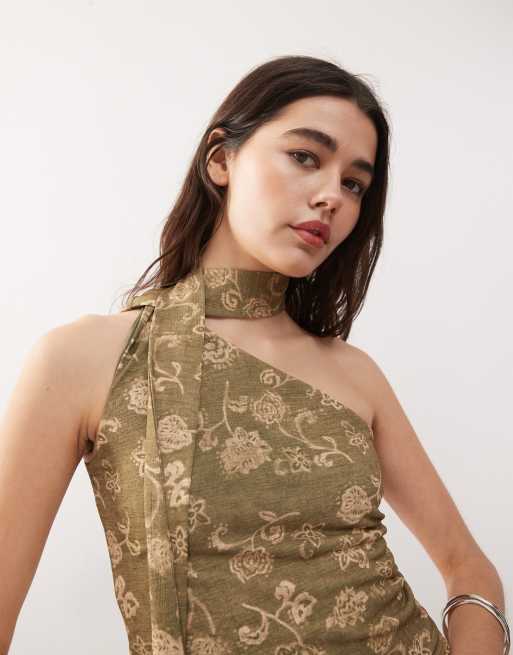 Reclaimed Vintage one shoulder scarf top in floral green