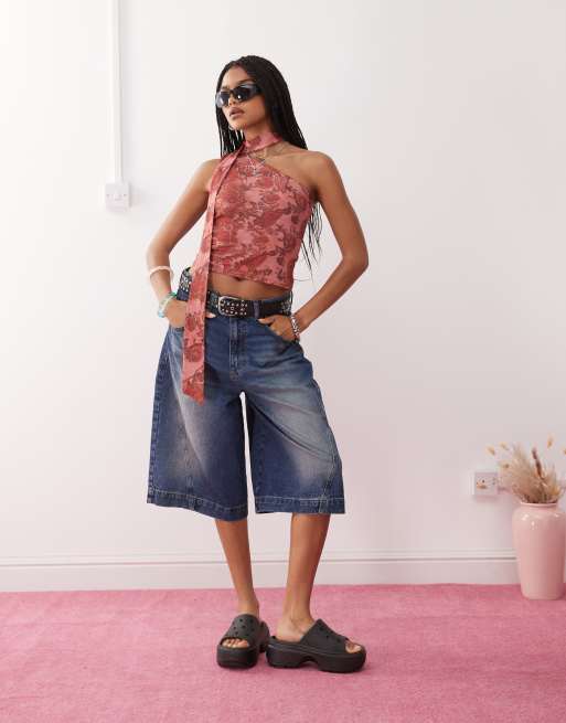Reclaimed Vintage one shoulder scarf top in pink paisley print 