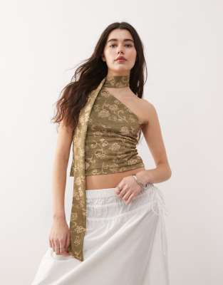 Reclaimed Vintage - One-Shoulder-Schal-Top mit floralem grünem Print