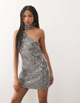 Reclaimed Vintage One Shoulder Sequin Scarf Mini Dress-black