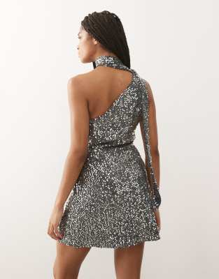 Reclaimed Vintage One Shoulder Sequin Scarf Mini Dress-black In Black