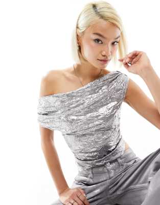 Reclaimed Vintage one shoulder top in crushed silver - ASOS Price Checker