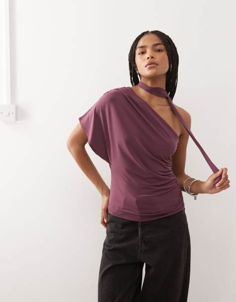 Reclaimed Vintage one-shoulder top with side ruching and scarf in plum - view 1