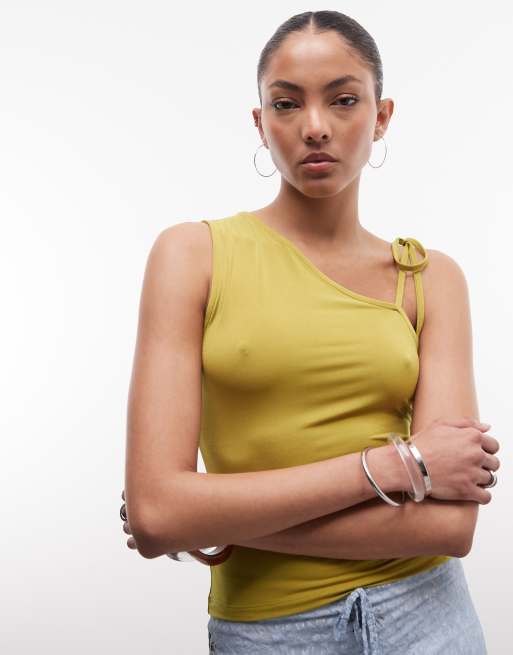 Reclaimed Vintage one shoulder top with strap detail in algae green